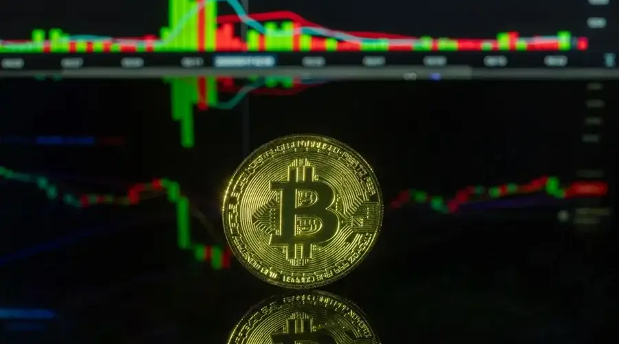 Bitcoin coin with digital trading chart background representing crypto market analysis.