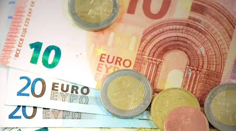 Detailed shot of Euro banknotes and coins showcasing currency denominations.