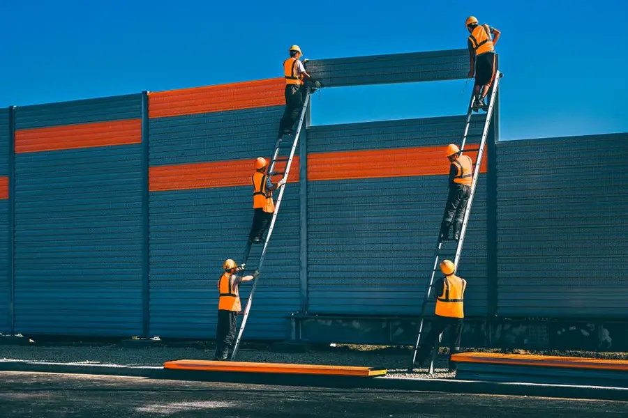 Workers in safety gear install a noise barrier on a highway in Moscow.