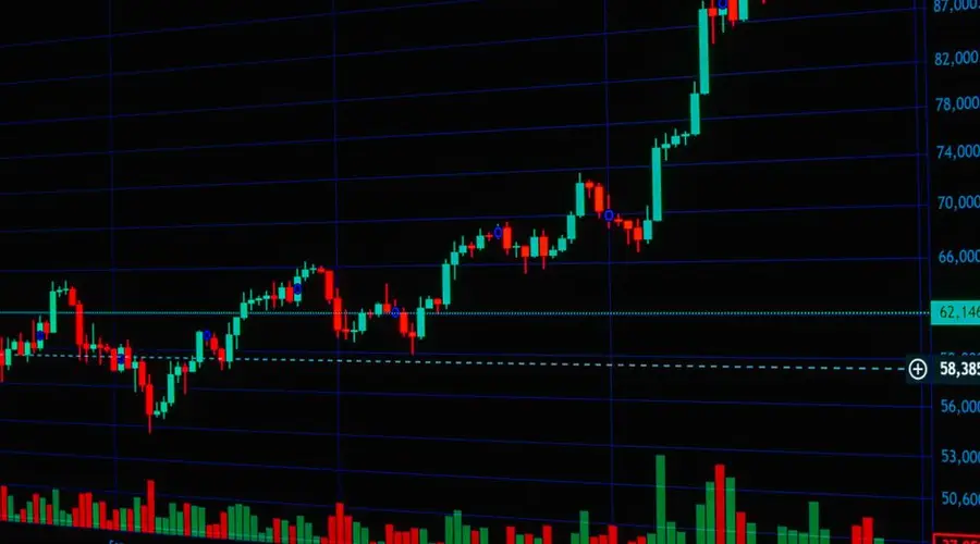 Detailed cryptocurrency trading chart showing market trends with candle and bar graphs.