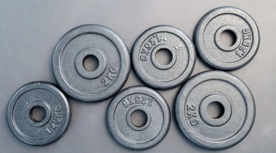 Close-up of steel gym weight plates in various sizes arranged on a gray surface.