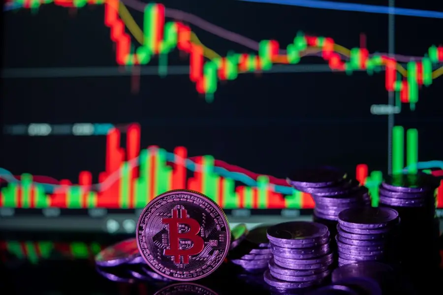 Bitcoin coin with fluctuating financial graph depicting cryptocurrency market trends.