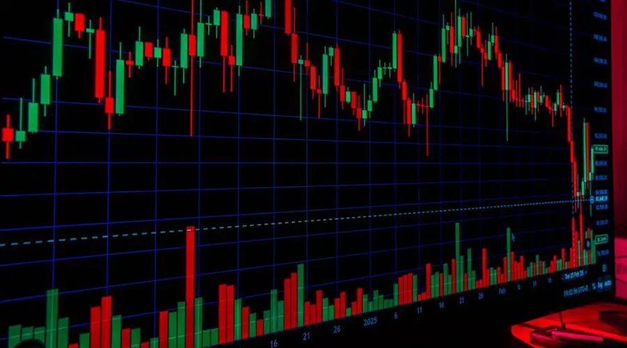 Close-up of a vibrant candlestick chart showing market trends and volatility. Ideal for financial and investment themes.