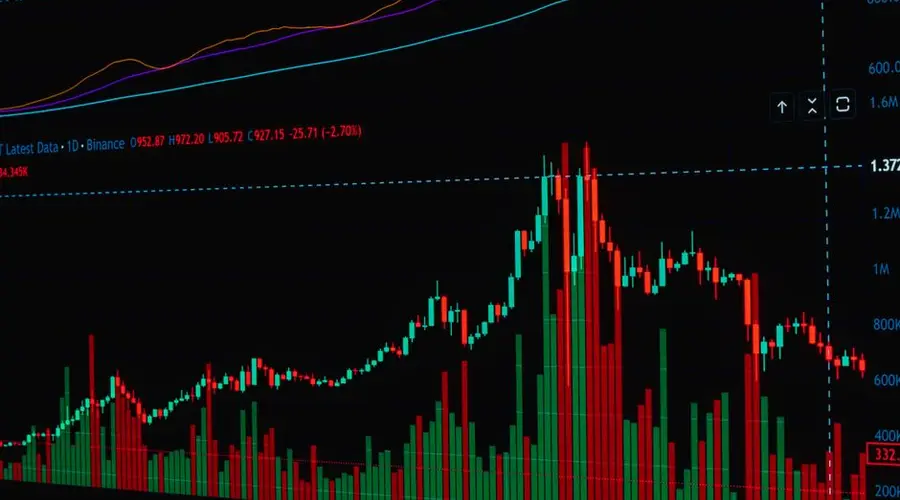 Close-up of a digital stock chart displaying cryptocurrency market trends in vivid colors.