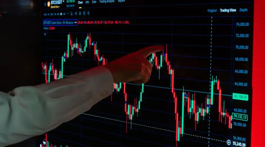 Market analysis with focus on cryptocurrency trends displayed. Ideal for fintech topics.