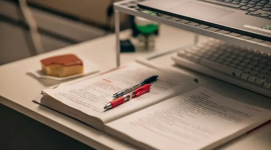 Open book with study notes, pens, and a laptop on a desk creating a focused study environment.