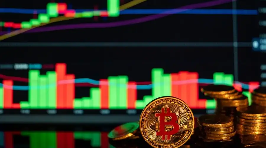 Close-up of Bitcoin coins against a rising financial graph, showcasing cryptocurrency market trends.