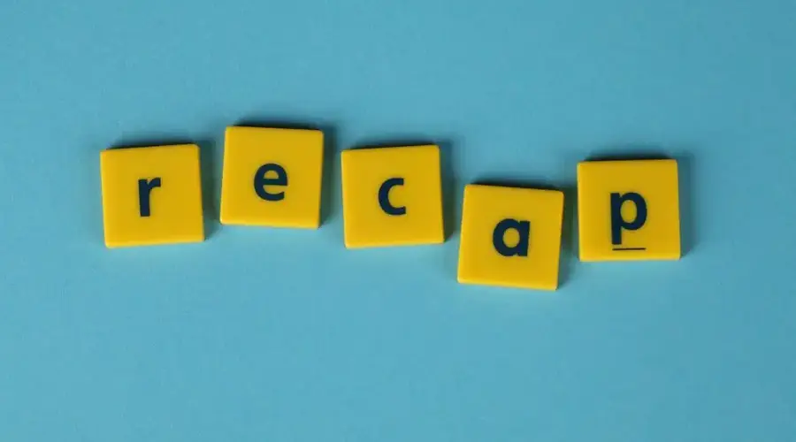 Yellow letter tiles spelling 'recap' against a blue backdrop, ideal for presentations.