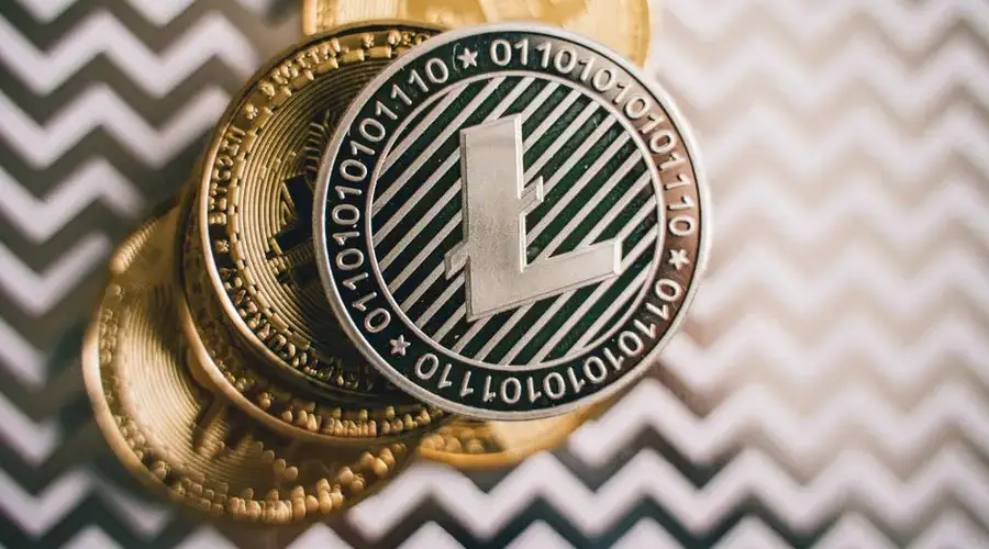 Close-up of Litecoin and Bitcoin coins on a chevron background, symbolizing cryptocurrency and modern finance.