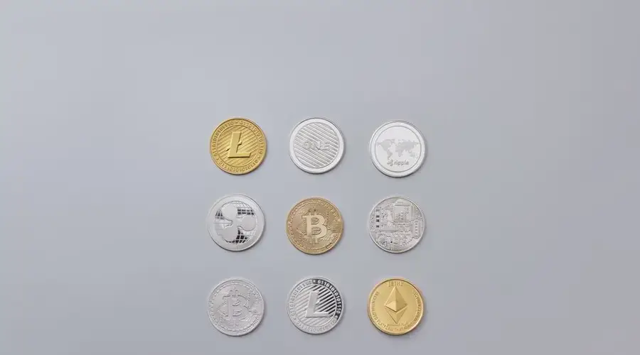 Image showcasing a selection of different cryptocurrency coins arranged on a neutral grey background.