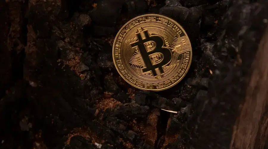 Detailed image of a Bitcoin coin placed on a charred, burnt background, symbolizing the rise of cryptocurrency.
