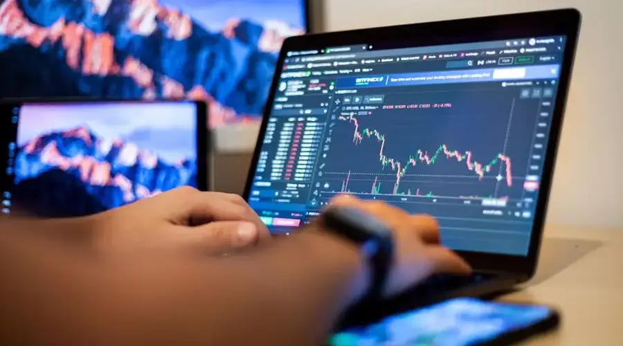 Hands typing on a laptop displaying financial trading charts, indicating active online trading work.