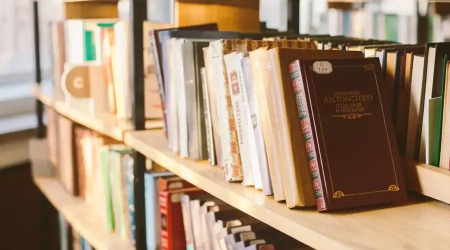 Close-up view of books on a sunlit library shelf, illustrating warmth and knowledge.