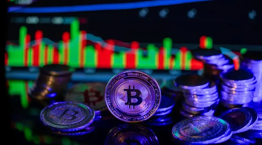 Colorful chart with Bitcoin coins reflecting cryptocurrency market trends and volatility.