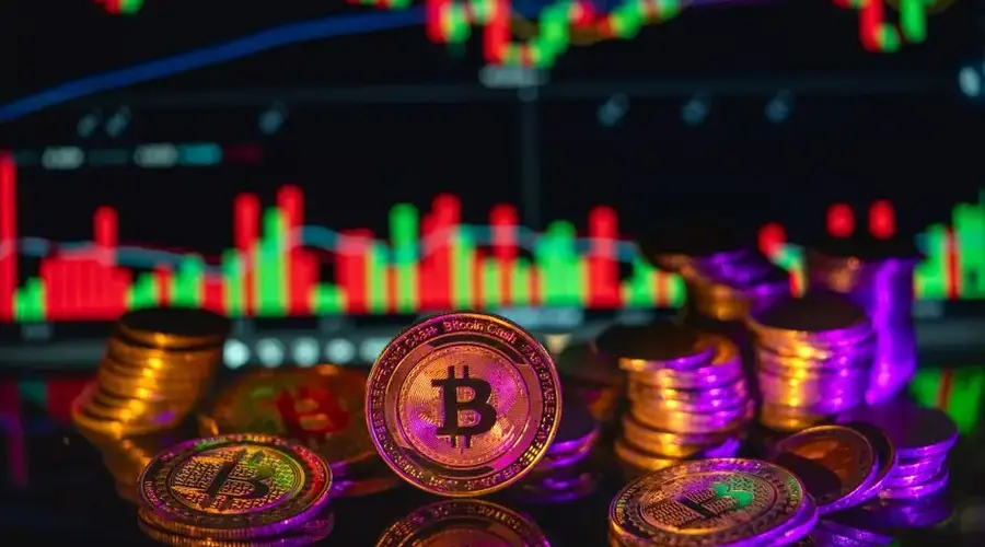 Stacks of Bitcoin with a colorful financial graph in the background depicting the dynamic cryptocurrency market.