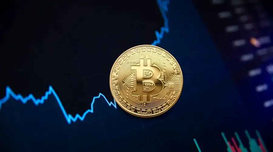 Golden bitcoin coin on background of chart showing indicators of changes in cryptocurrency rates