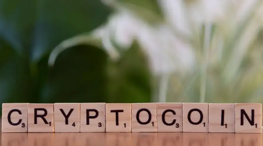 Wooden blocks spelling 'cryptocoin' representing digital currency concept.
