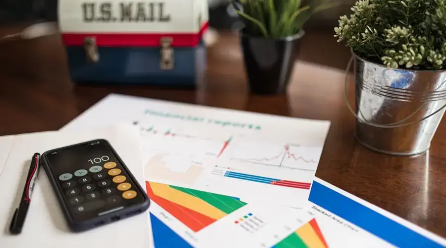 A workspace with financial charts, smartphone calculator app, pen, and plant on a wooden desk.