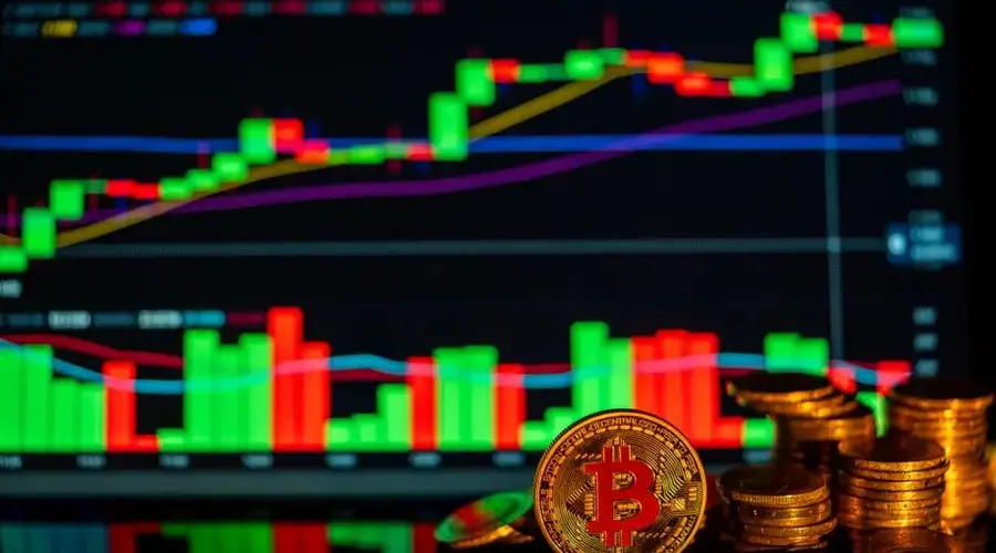 Golden Bitcoin and colorful financial chart display reflecting cryptocurrency market trends.