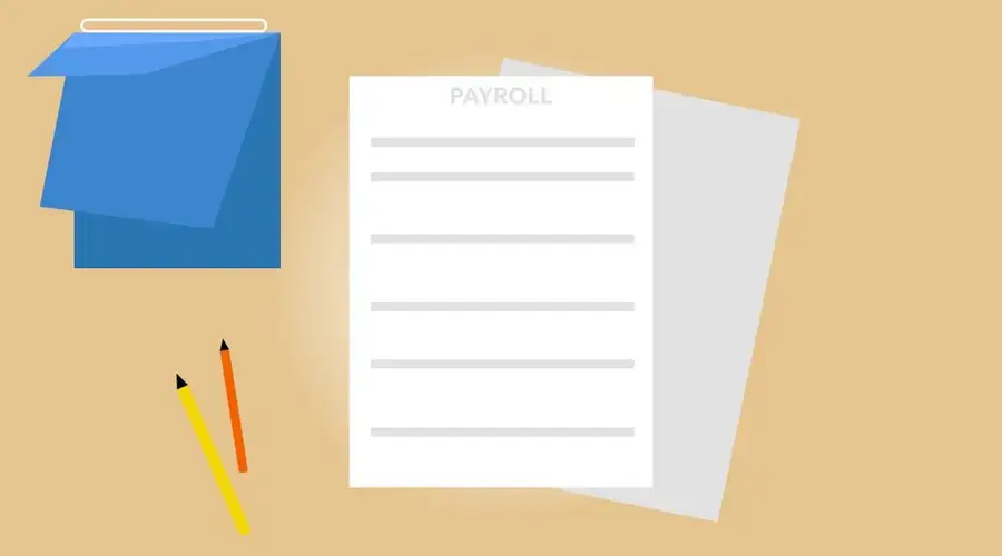 Vector illustration of payroll documents placed on beige desk near pencils and blue black calendar
