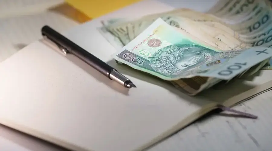 Close-up of Polish Zloty banknotes on an open notebook with a pen, symbolizing finance and budgeting.