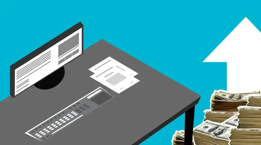 Illustration of modern computer and documents with cash and arrow up showing increase of incomes against blue background