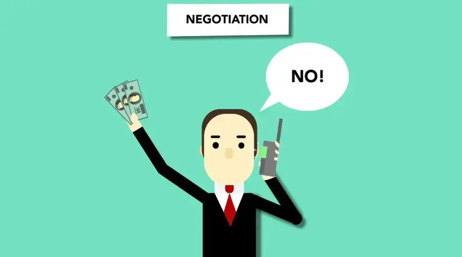Concept illustration of man with money saying no to offer during business negations on phone