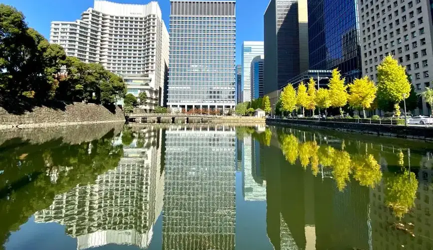 Skyscrapers reflecting in the calm water near Tokyo's Imperial Palace, showcasing modern architecture and nature.