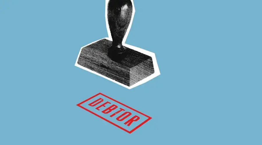 Decorative cardboard composition of stamp with Debtor title under black seal on blue background