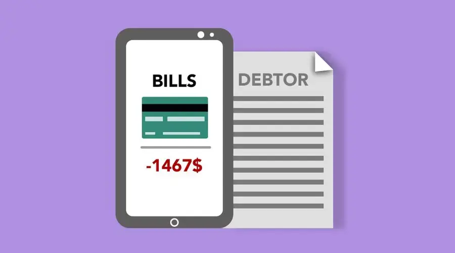 Vector illustration of smartphone with credit card picture and bills inscription placed near debtor document against purple background