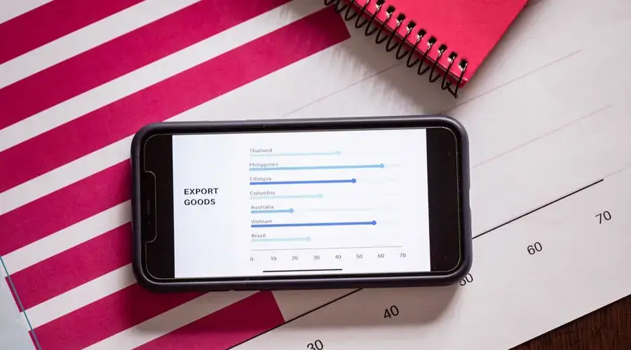 A smartphone showing export goods charts on a desk with graphs and a notebook.