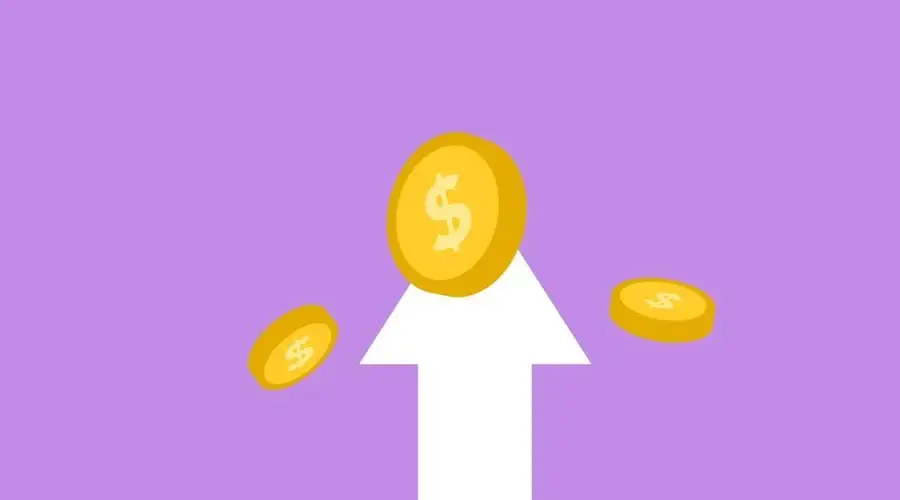 Decorative cardboard appliques of arrow and dollar coins representing income concept on violet background
