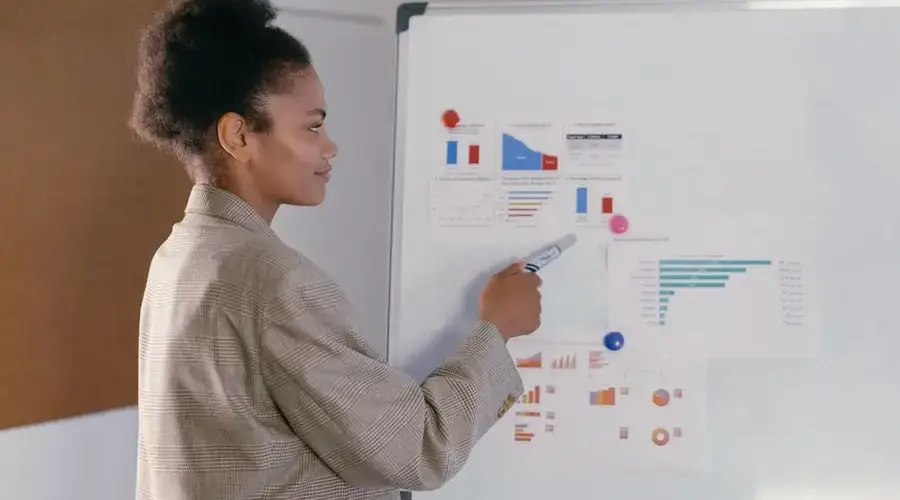 Professional woman in a blazer discusses finance graphs on a whiteboard during a presentation.