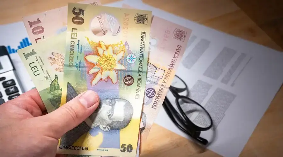 Hand holding Romanian leu banknotes above financial documents, depicting finance and economy.