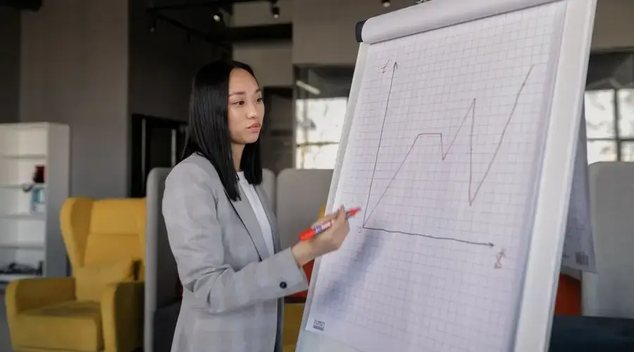 Asian businesswoman gives presentation on graph in office setting.