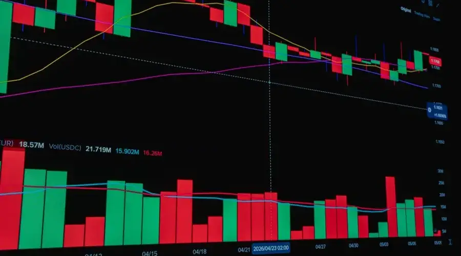 Candlestick chart showcasing crypto market trends with volume bars and moving averages.