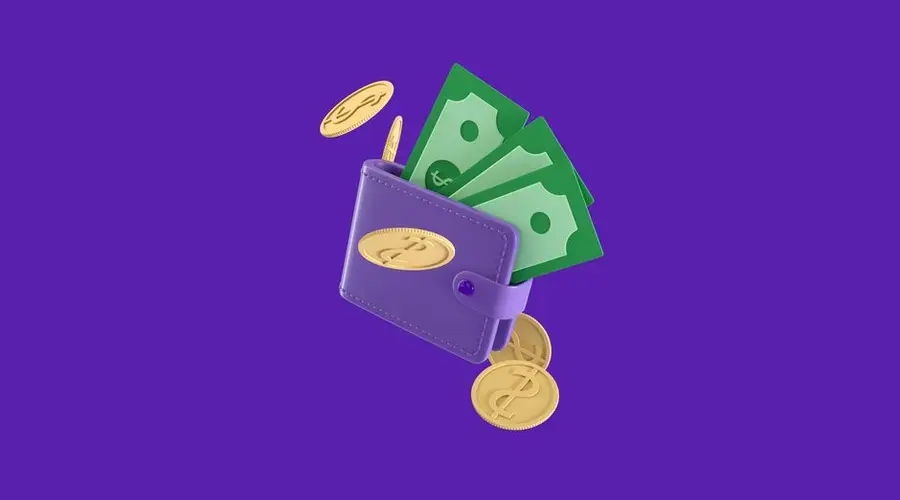 Bright 3D illustration of a purple wallet with cash and gold coins on a purple background.