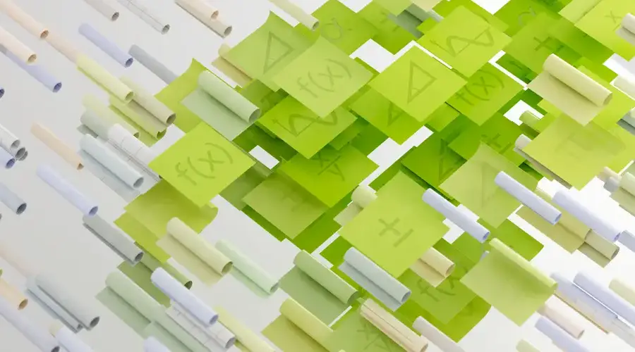 Dynamic abstract image with mathematical symbols on floating papers, vibrant and conceptual.