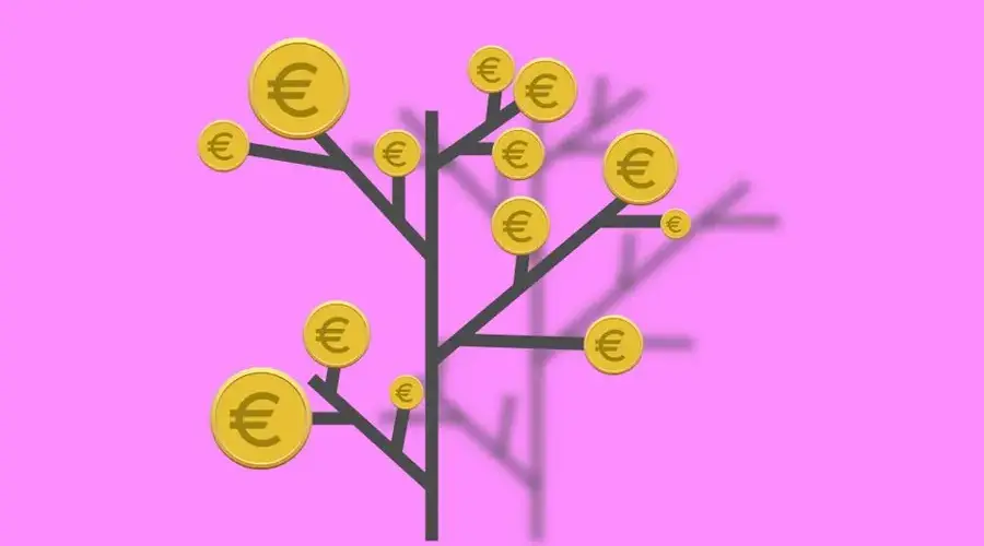 Euro coins on tree branches on pink background of illustration with currency concept