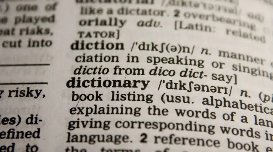 Detailed close-up view of a dictionary page highlighting the word 'dictionary' and its definition.