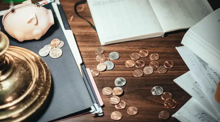 From above coins scattered on desk near financial papers and lovely pig wallet in accountant office