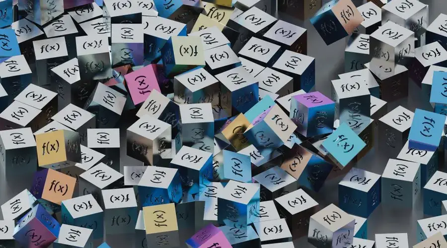 A vibrant collection of cubes with f(x) functions creates a visual mathematical pattern.