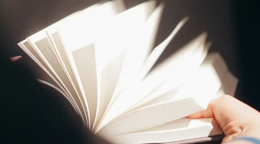 A detailed close-up image showing the dynamic flipping of book pages by hand.