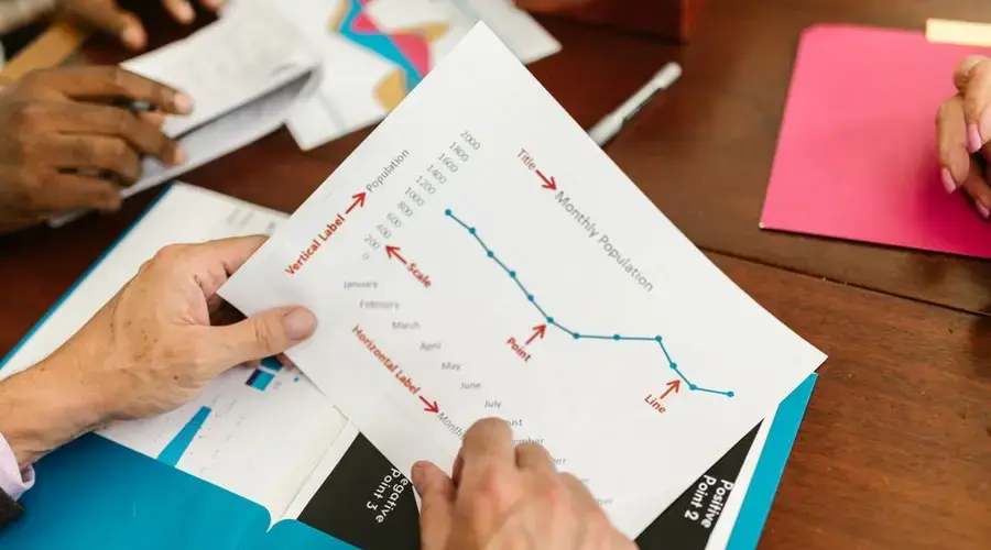 Hands examining a printed report with population and timeline chart during a business meeting.