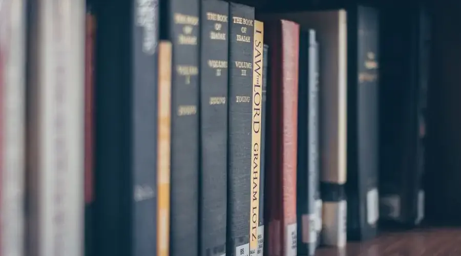 A focused view of books on a library shelf featuring various titles in soft lighting.