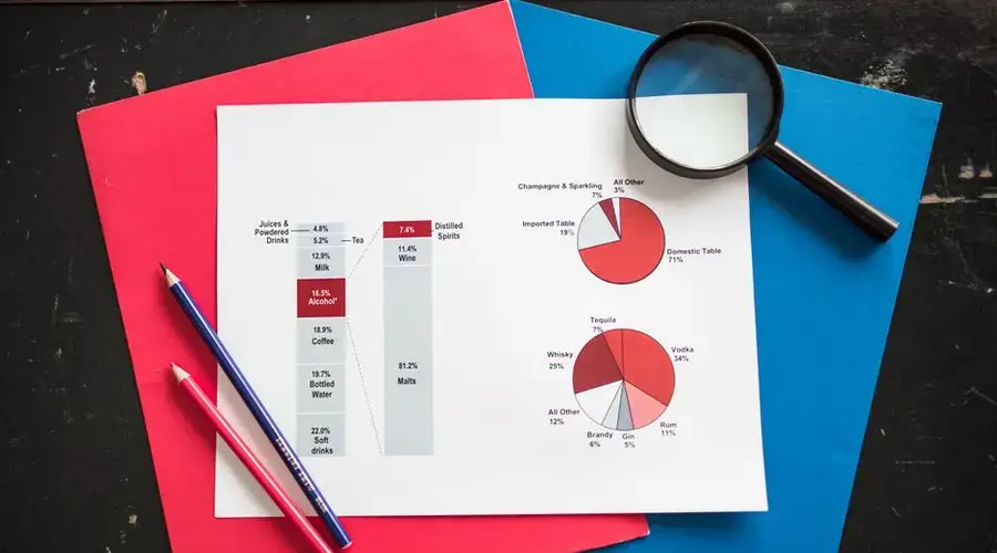 Overhead view of financial analysis charts with magnifying glass on colorful background, ideal for business concepts.