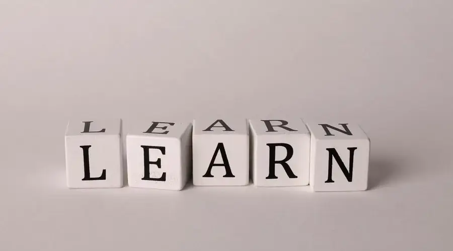 Close-up of 'LEARN' spelled out with white letter blocks on a neutral background.