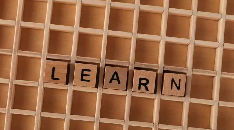 Wooden blocks spelling the word 'LEARN' on a grid-like wooden background. Educational concept.