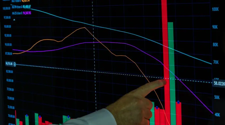 Hand pointing at a financial graph displaying cryptocurrency data analysis and trends.