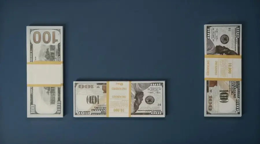 Neatly arranged stacks of 100 US dollar bills on a clean blue background, symbolizing wealth and finance.